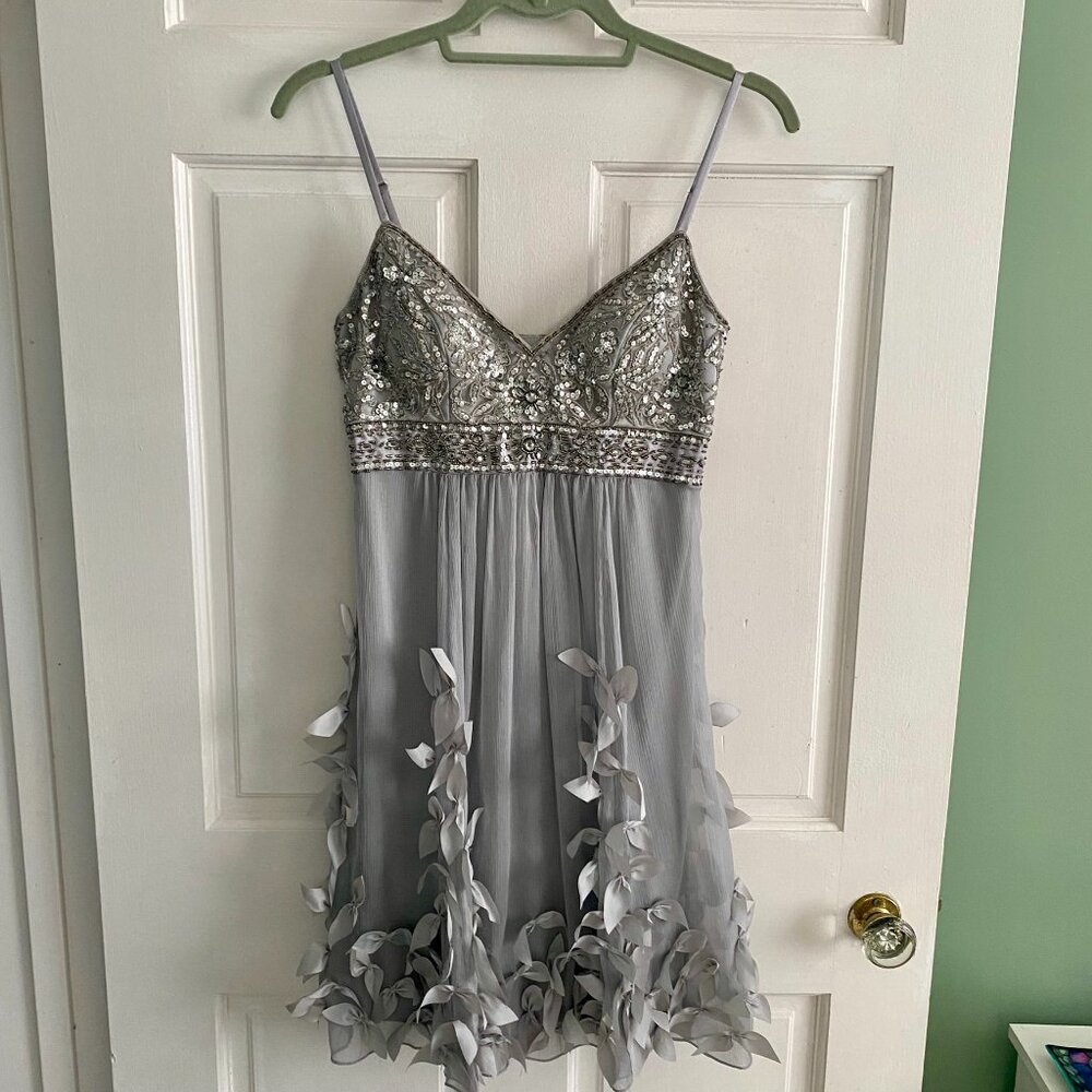 Ethereal Sue Wong Nocturne silver beaded dress with floral embellishments